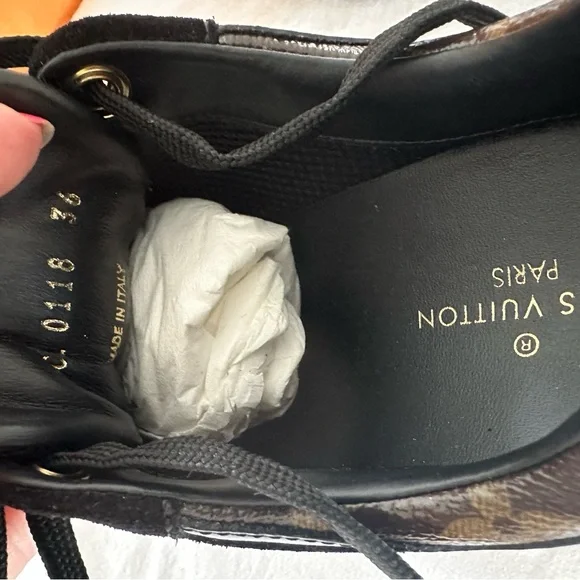 Louis Vuitton Black Suede & Monogram Low-Top Sneakers with Gold Accent - Picture 7 of 16